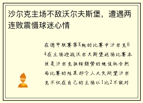 沙尔克主场不敌沃尔夫斯堡，遭遇两连败震慑球迷心情