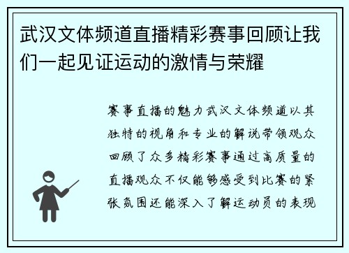 武汉文体频道直播精彩赛事回顾让我们一起见证运动的激情与荣耀